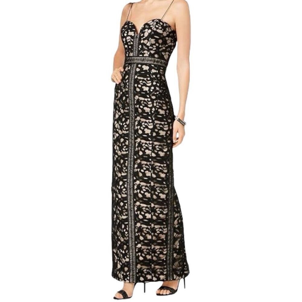 Betsy & Adam Black Crocheted Lace Dress Size 8 Formal Gown